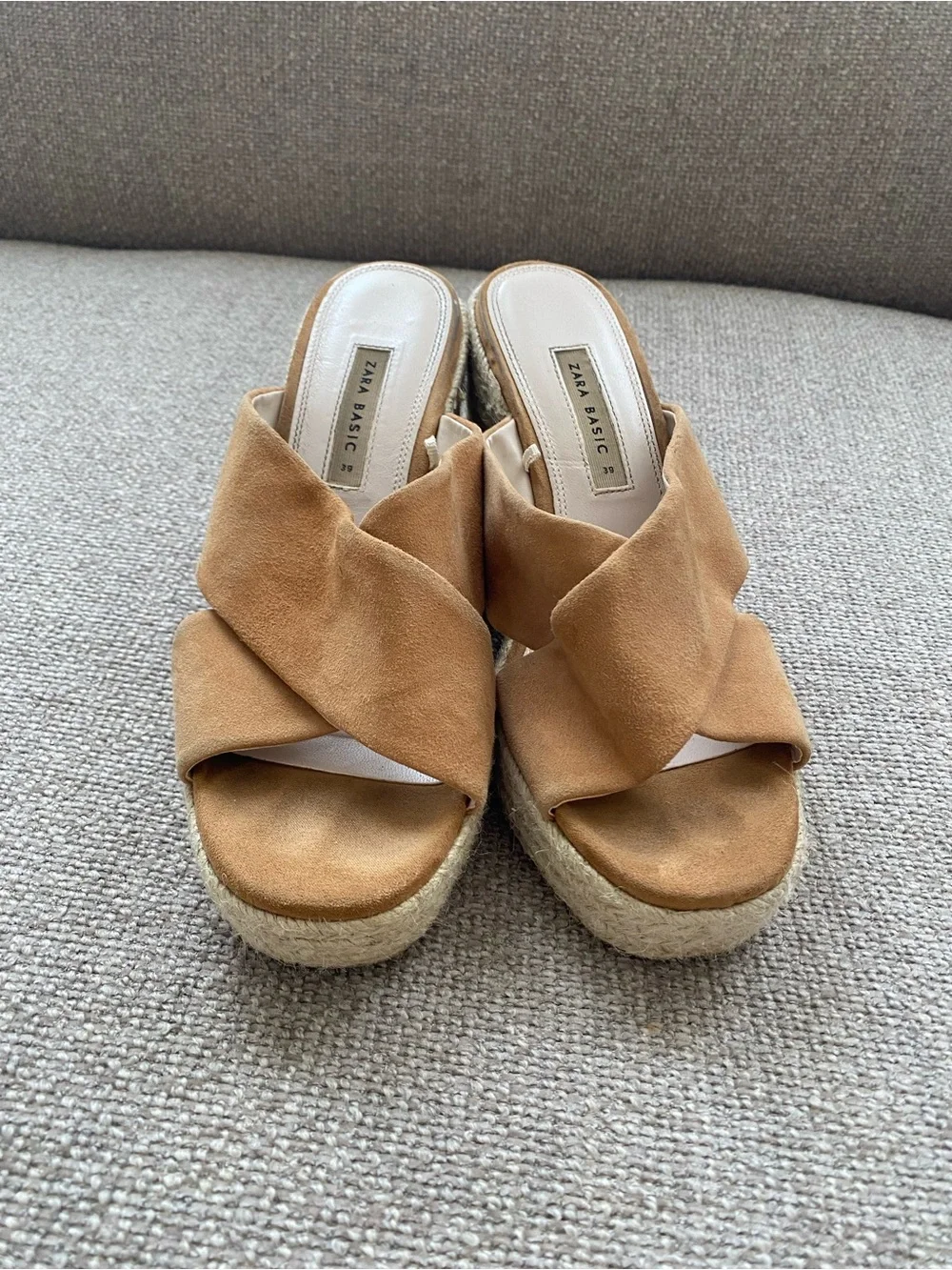 Zara Camel Suede Crossband Espadrille Wedge Slides